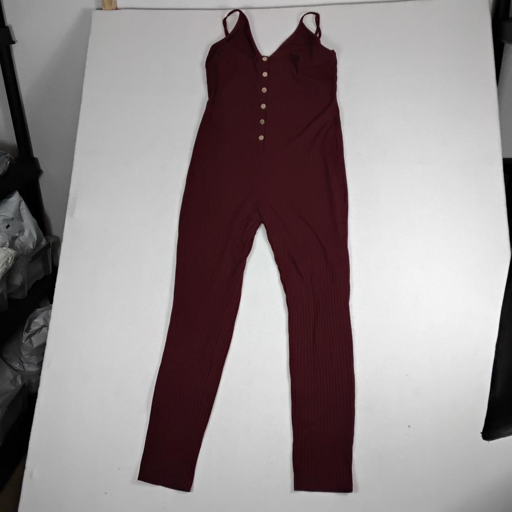 TRAC Womens Burgundy Ribbed Jumpsuit Button Front Spaghetti Strap Skinny Leg L